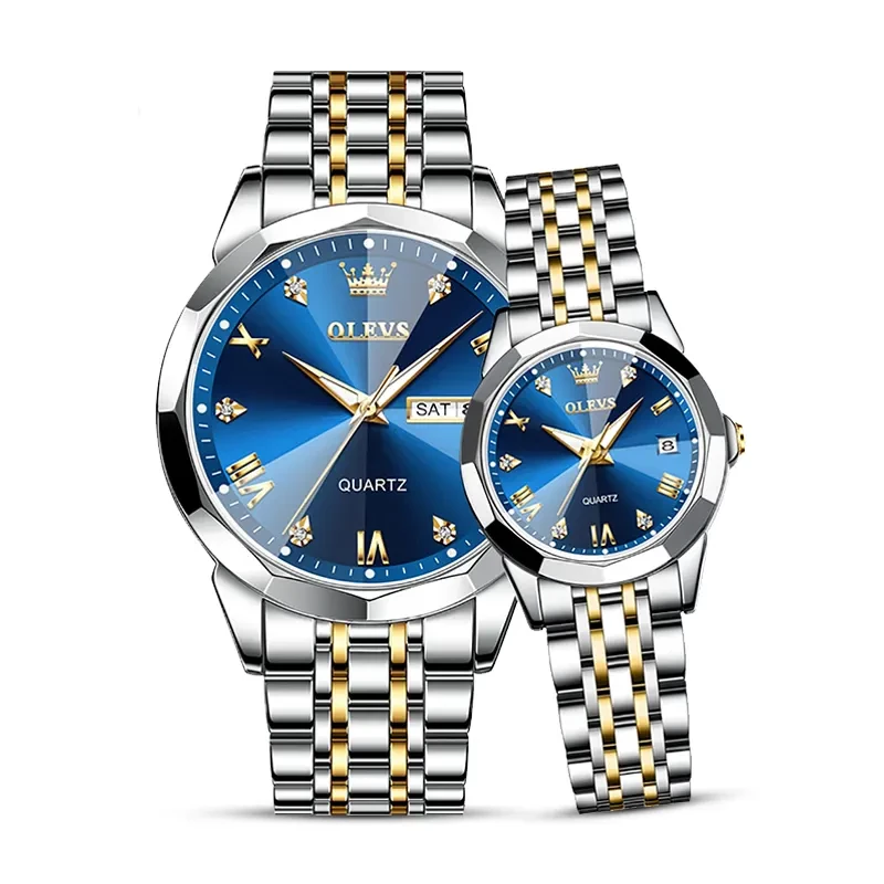 Olevs Blue Dial Dual-tone Couples Watch | 9931